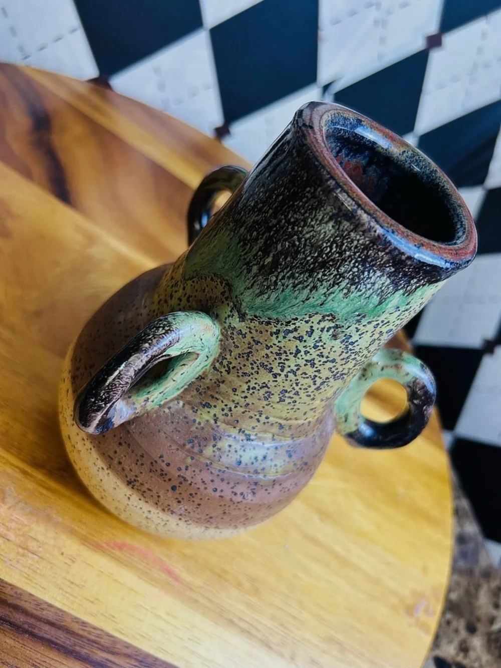 Triple Handle Studio Pottery Vase Signed Speckled Earth‎ Tone Rustic Green Beige